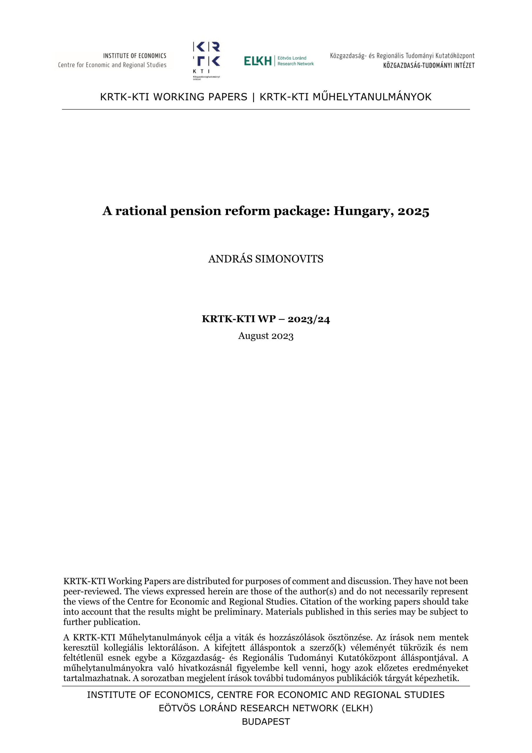 A rational pension reform package: Hungary, 2025 - KTI 