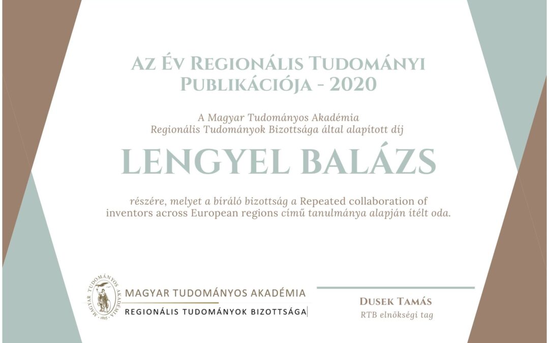 Kutatóink elnyerték a Magyar Regionális Tudományi Társaság az „Év Regionális Tudományi Publikációja” díját