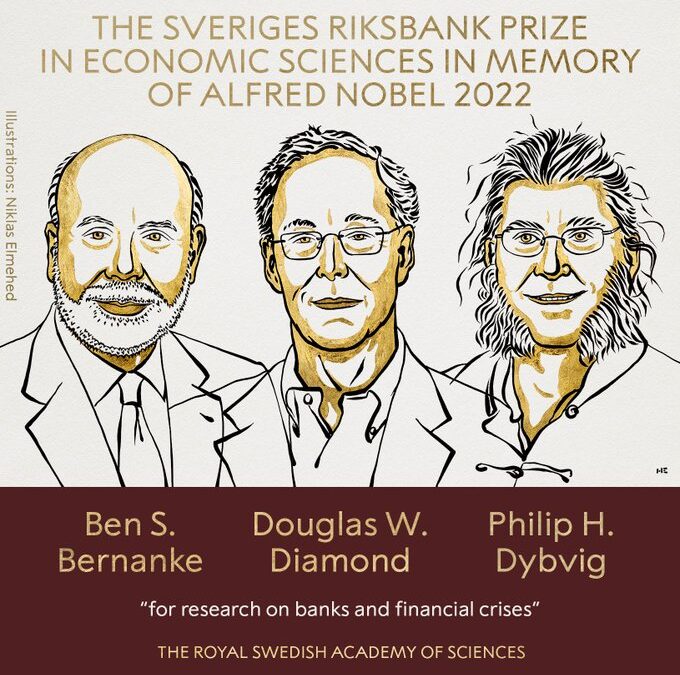 A 2022-ik évi közgazdasági Nobel-díj (a Svéd Nemzeti Bank díja Alfred Nobel emlékére) nyertesei: Ben Bernanke, Douglas Diamond és Philip Dybvig