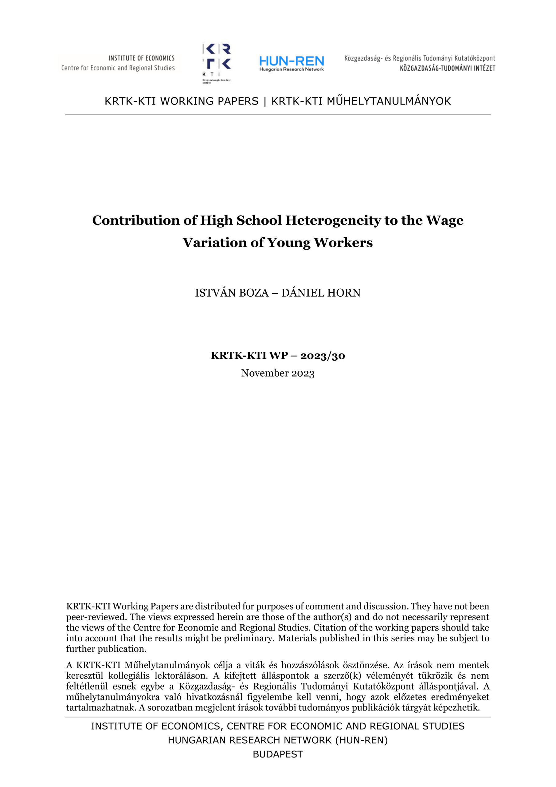 Contribution of High School Heterogeneity to the Wage Variation of Young Workers