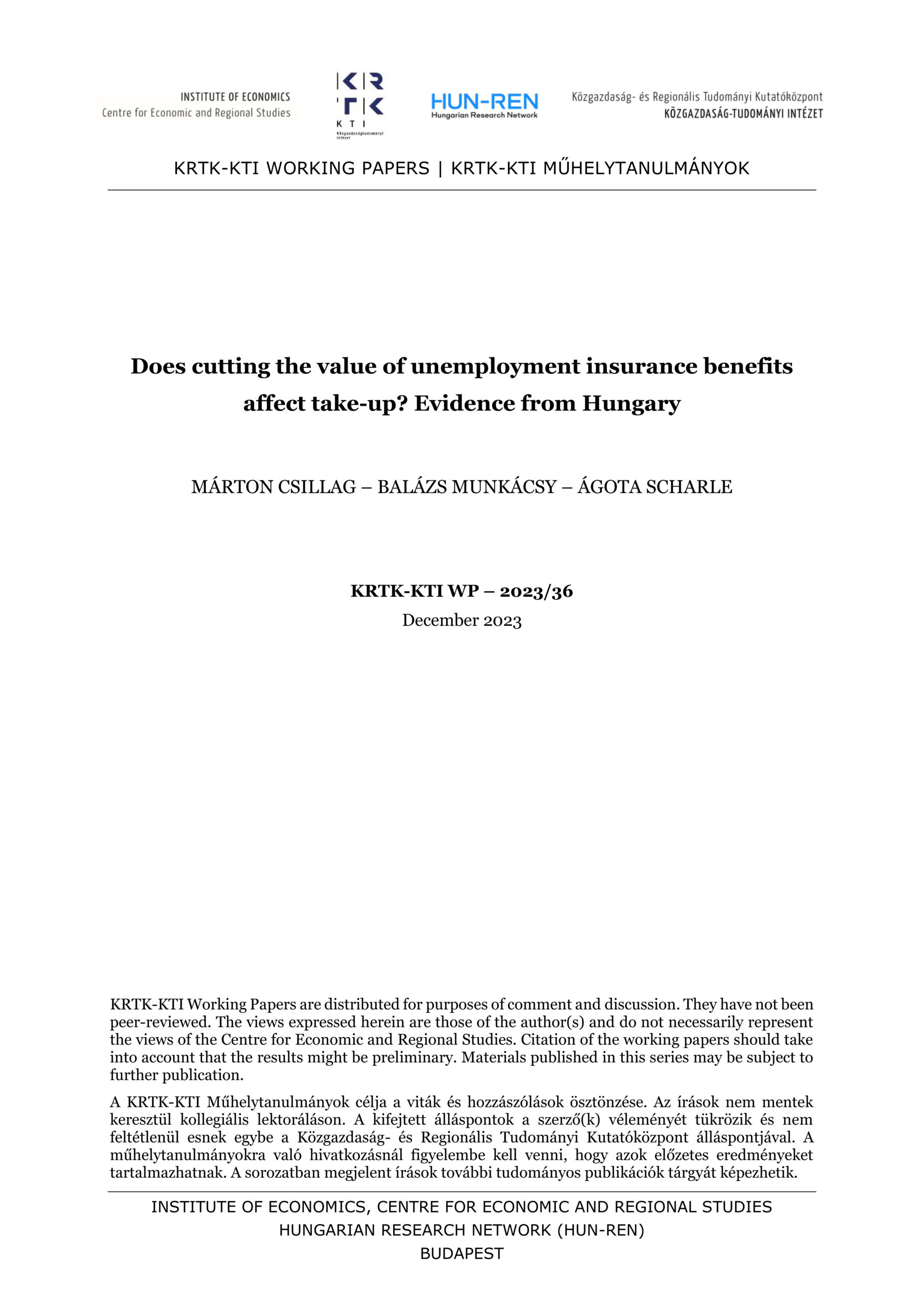 Does cutting the value of unemployment insurance benefits affect take-up? Evidence from Hungary