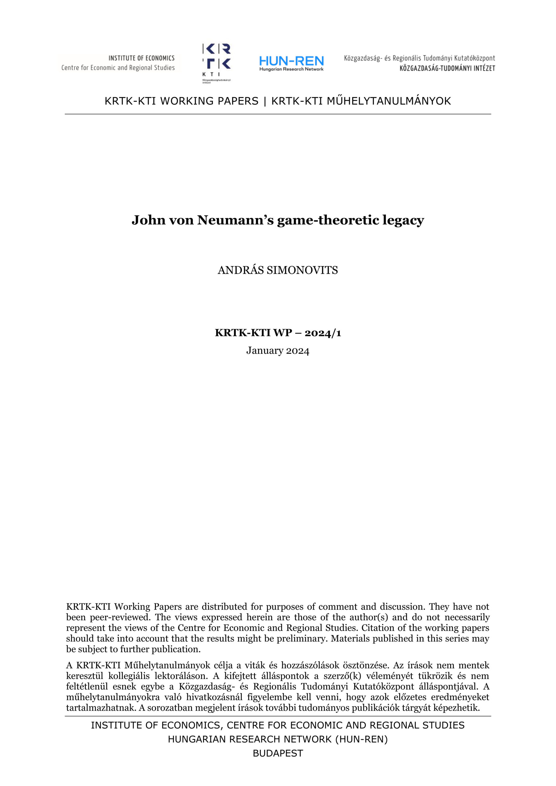 John von Neumann’s game-theoretic legacy