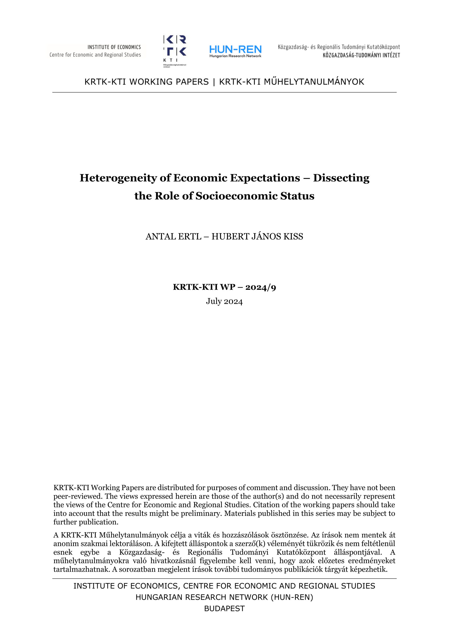 Heterogeneity of Economic Expectations – Dissecting the Role of Socioeconomic Status