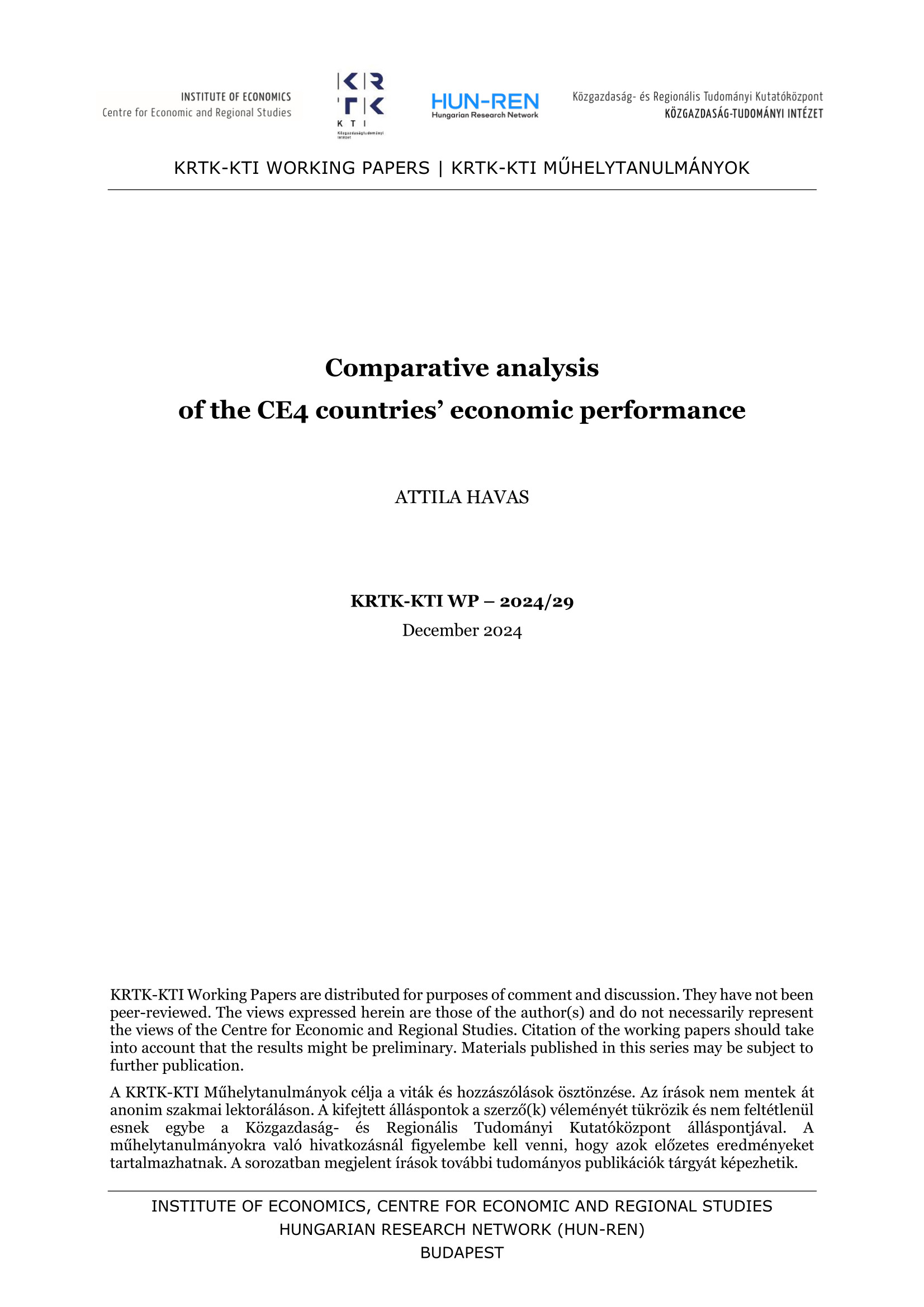 Comparative analysis of the CE4 countries’ economic performance