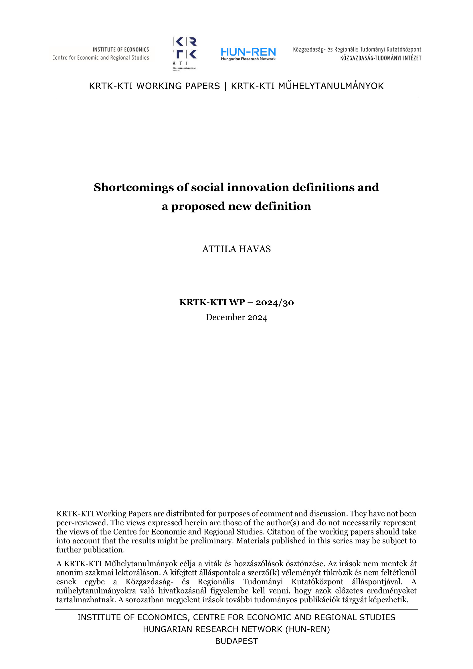Shortcomings of social innovation definitions and  a proposed new definition