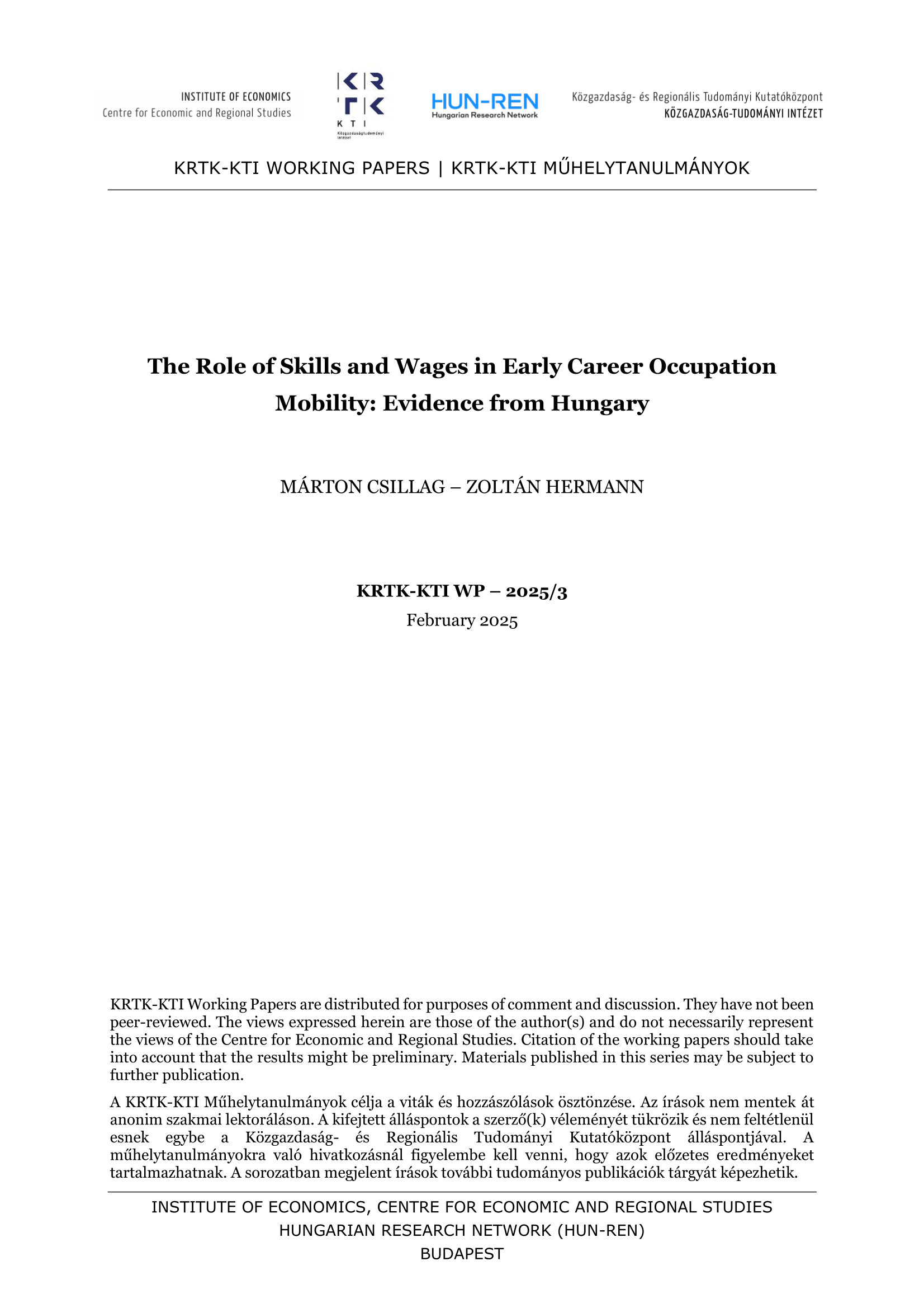 The Role of Skills and Wages in Early Career Occupation Mobility: Evidence from Hungary