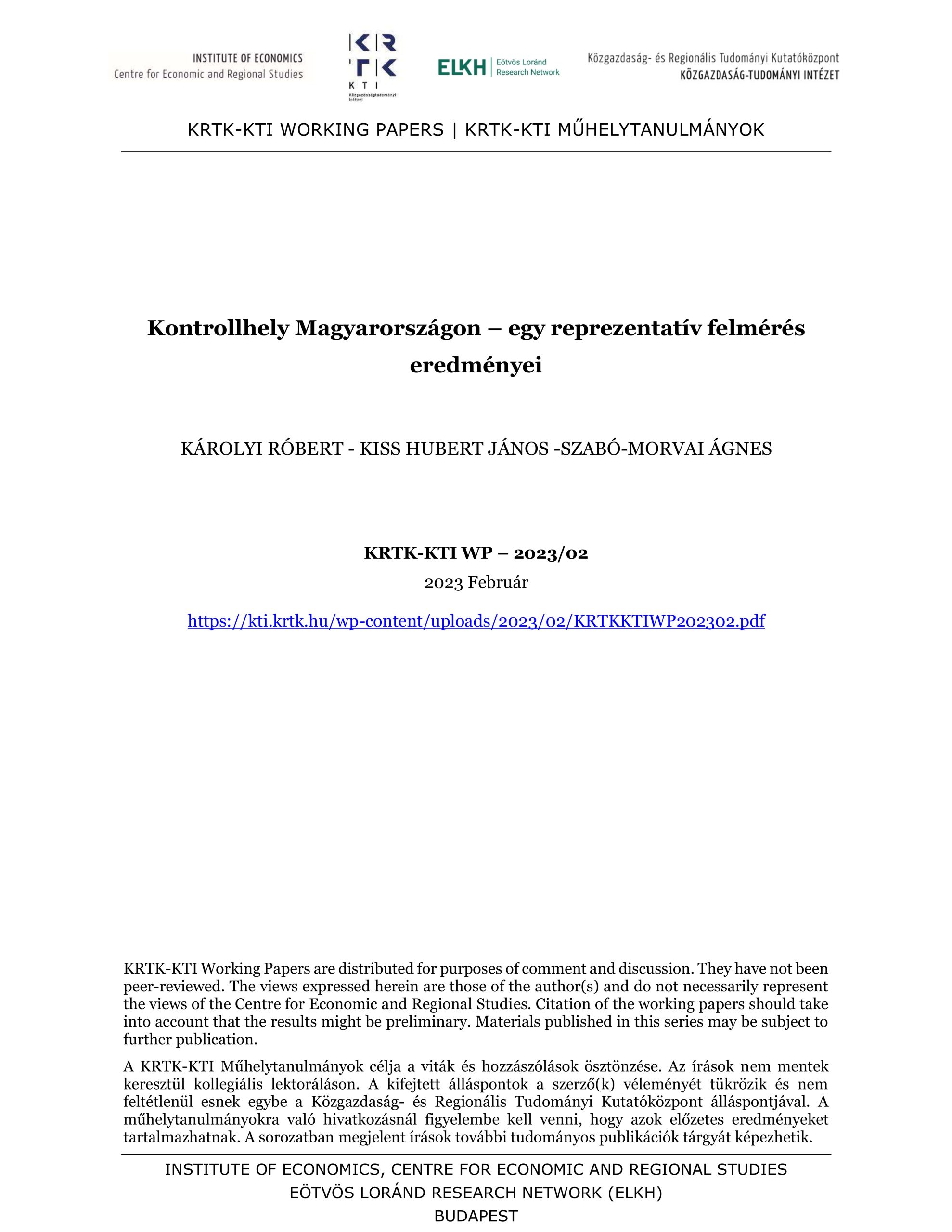 Kontrollhely Magyarországon – egy reprezentatív felmérés eredményei