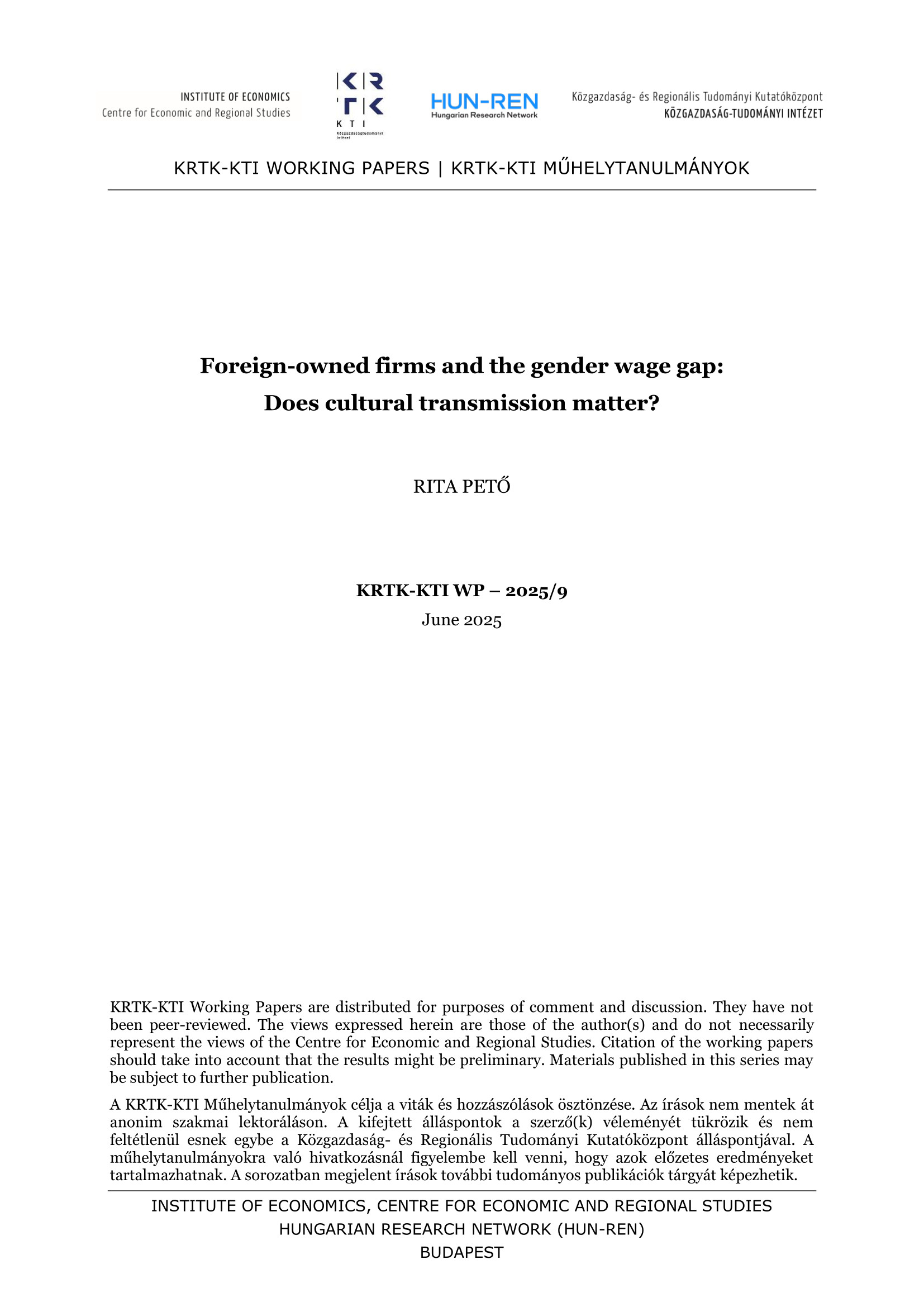 Foreign-owned firms and the gender wage gap: Does cultural transmission matter?