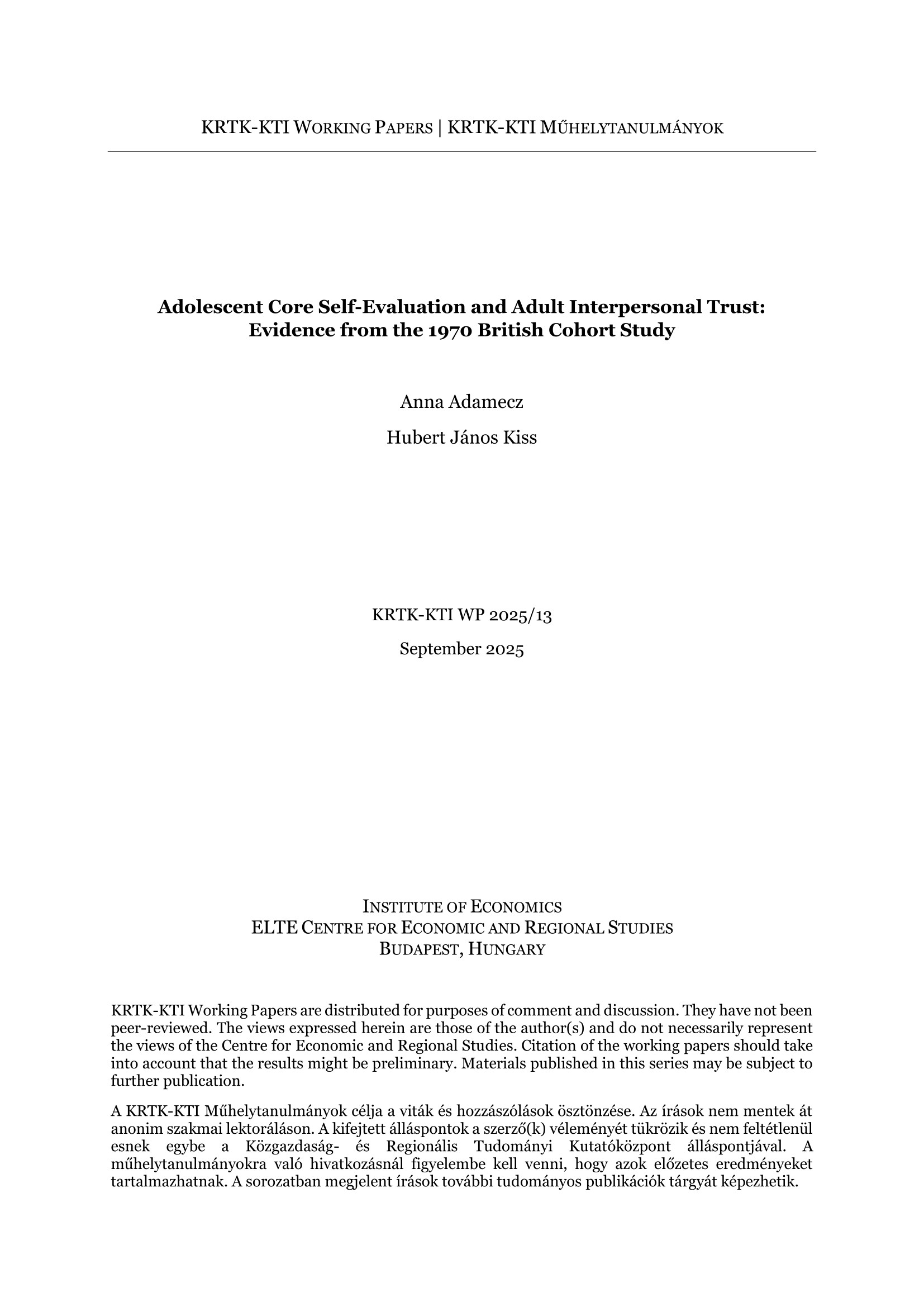 Adolescent Core Self-Evaluation and Adult Interpersonal Trust: Evidence from the 1970 British Cohort Study